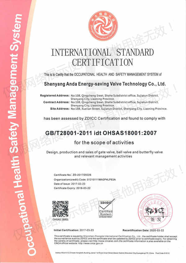 安達(dá)閥門職業(yè)健康安全管理體系認(rèn)證證書(shū)（英文版）